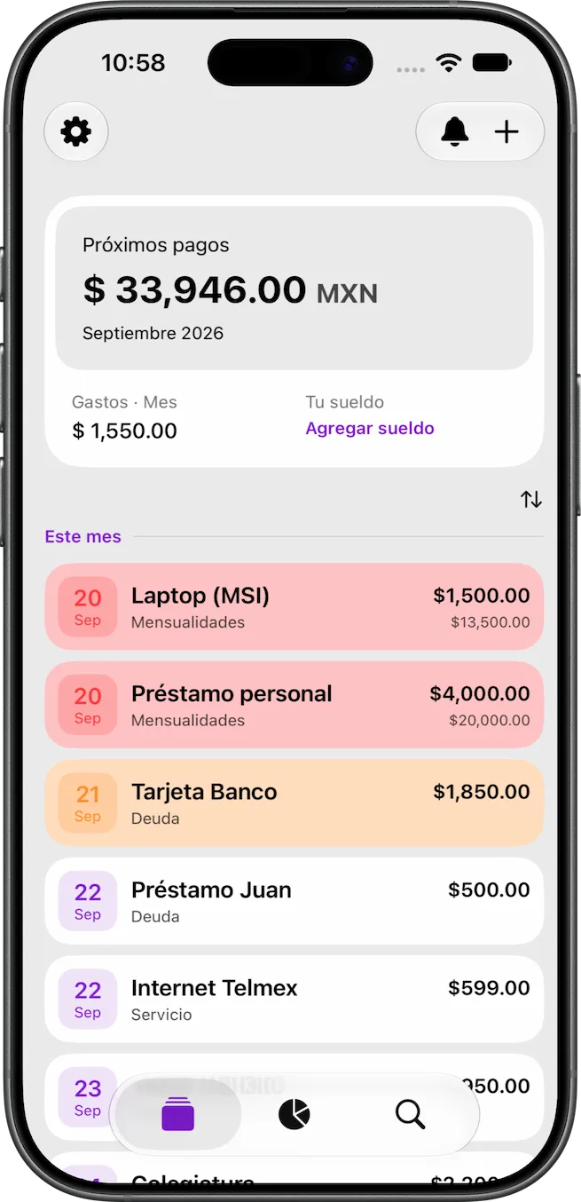 Pantalla principal de Mis Deudas mostrando lista de deudas en iPhone