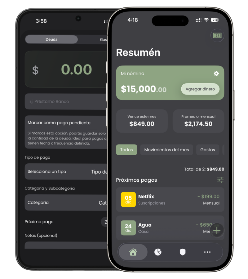 Mis Finanzas mostrando pantallas de control de gastos e ingresos en iPhone y Android